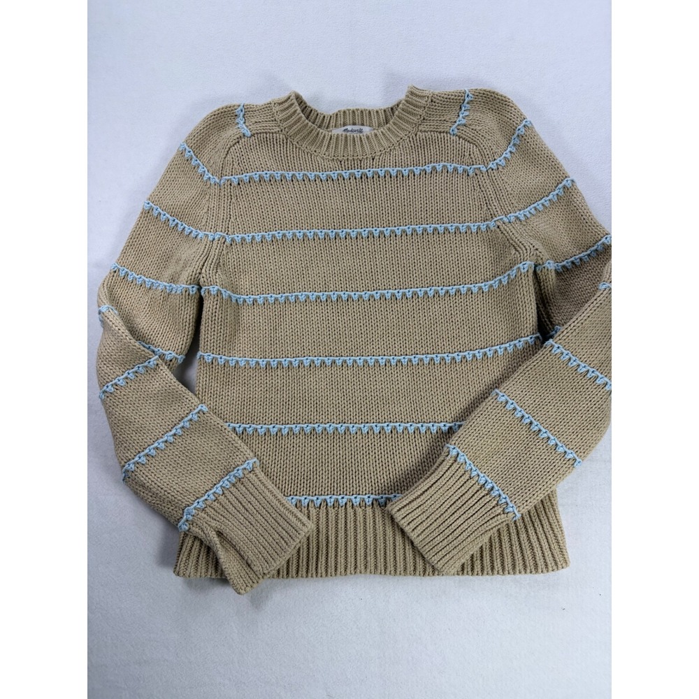 Madewell Tan Beige Blue Crochet Stripe Knit Crewneck Sweater Womens Medium